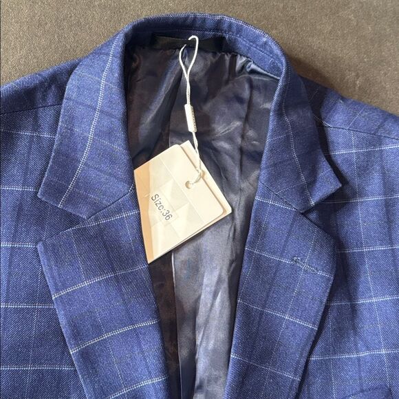 Men’s Blue Plaid 3 Piece Slim Fit Suit Notched Lapel Jacket 36 Pants 33 NEW - Picture 7 of 16